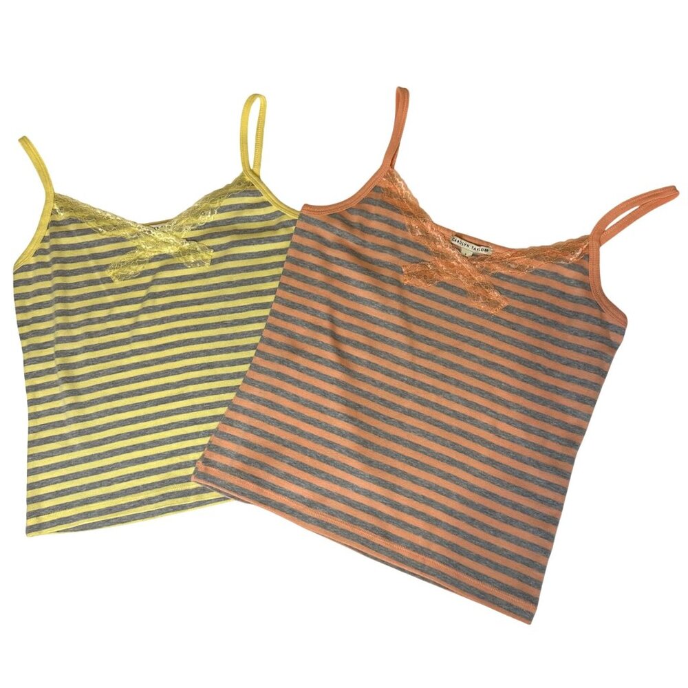 2 Vintage Y2K Carolyn Taylor Striped Lace-Accent Tank Tops Camisole Undershirt L